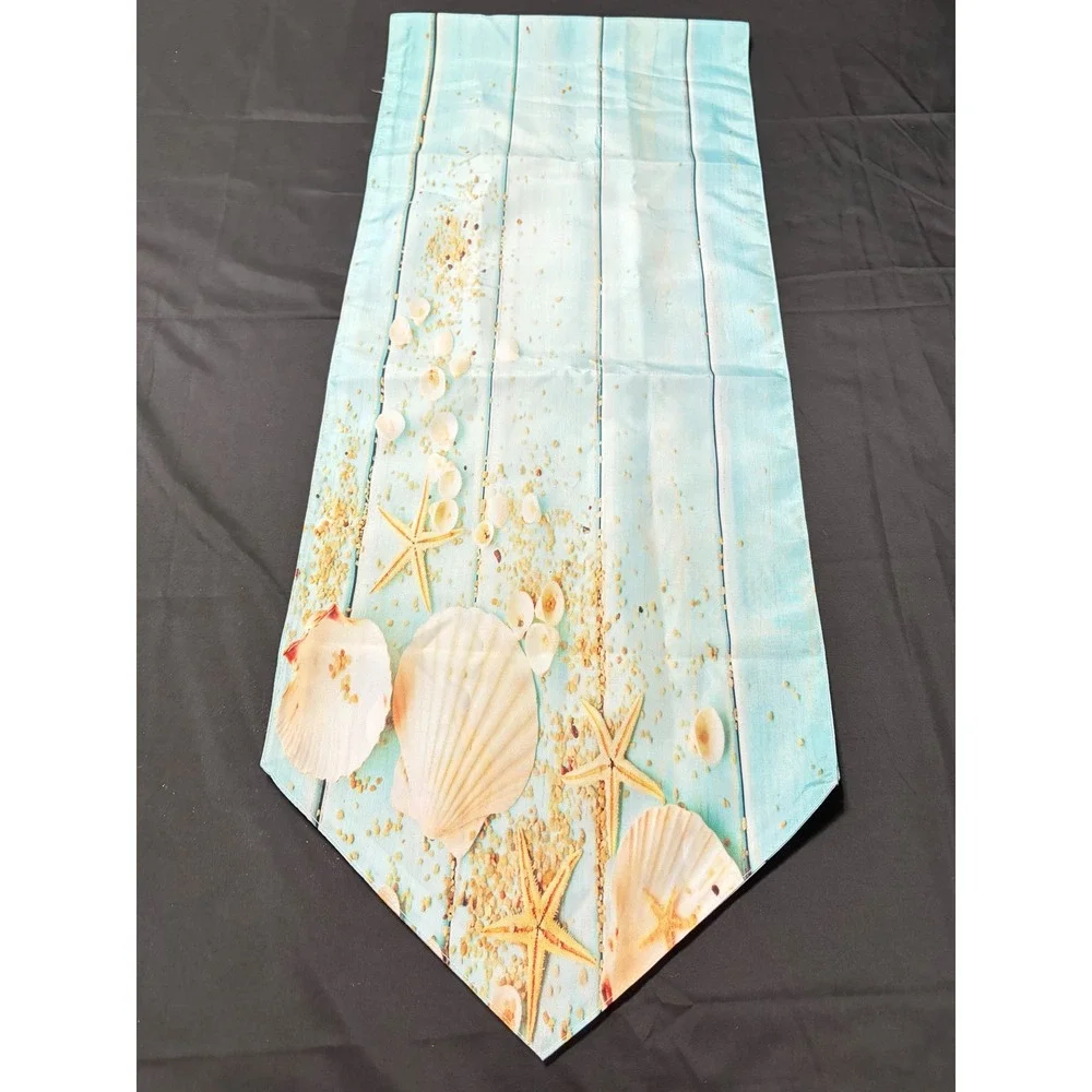Coastal Beach Table Runner Blue Wood Plank Seashell Starfish Nautical Decor 70in